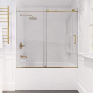 Raymore 60 in. W x 62 in. H Sliding Frameless Bathtub Door in Brushed Gold with Clear Glass