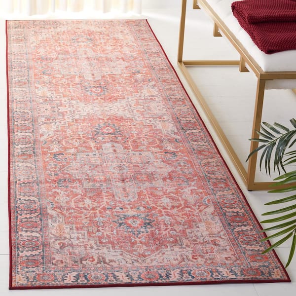 Tucson Rust/Navy 3 ft. x 8 ft. Machine Washable Floral Border Runner Rug