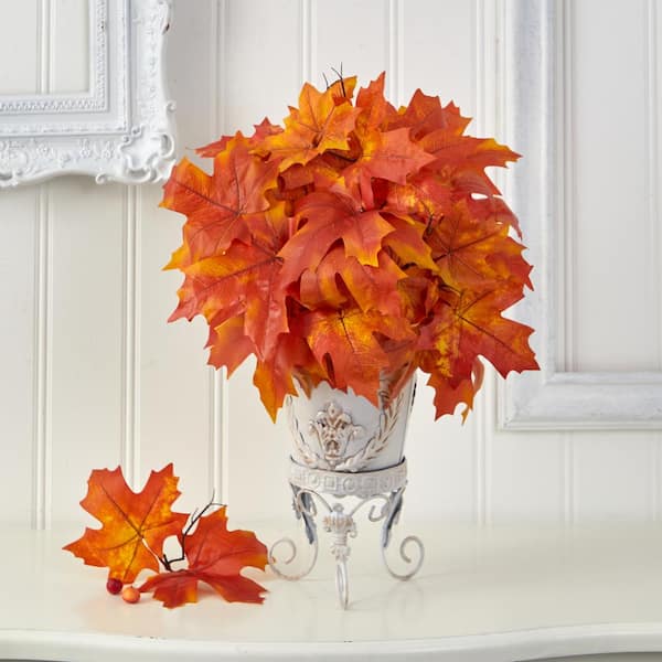 Nearly Natural 20in. Autumn Maple Leaf Artificial Plant in Metal Planter