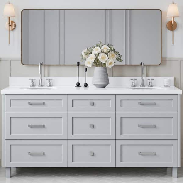 ARIEL Monroe 73 in. W x 22 in. D x 36 in. H Double Sink Bath Vanity in Grey with Pure White Quartz Top