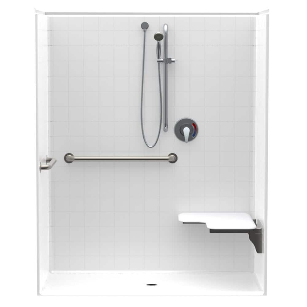 Aquatic Accessible Smooth Tile AcrylX 60 in. x 30 in. x 74.3 in. 1 Piece ADA Shower Stall w Right Seat and Grab Bars in White 727149392000 The Home Depot