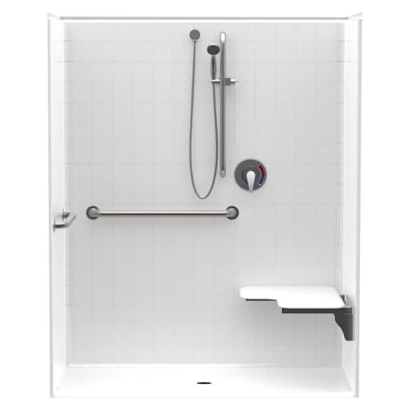 Aquatic Accessible Smooth Tile AcrylX 60 in. x 30 in. x 74.3 in. 1-Piece ADA Shower Stall w/ Right Seat and Grab Bars in White