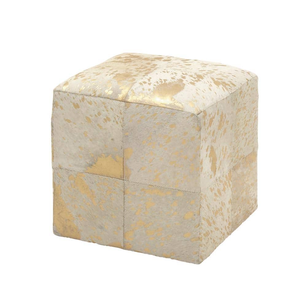 Gold and Beige Leather Box Pouf Stool