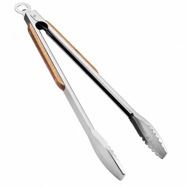 Premium Brown Walnut Wood Handle BBQ Grill Tongs, 19.5 in. Long Heat Resistant with Locking Ring and Bottle Opener