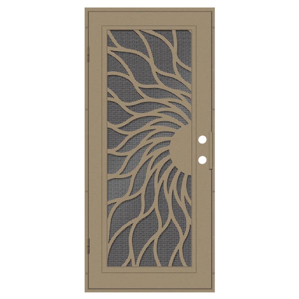 Unique Home Designs Sunfire 36 in. x 80 in. Right Hand/Outswing Desert Sand Aluminum Security Door with Black Perforated Metal Screen