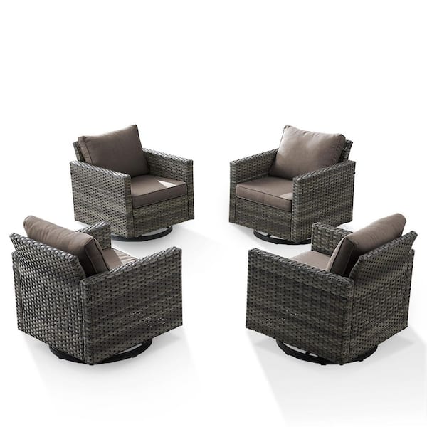 Carlos 4-Piece All-Weather Gray Wicker Outdoor Swivel Chairs with 4 in. Gray Cushions