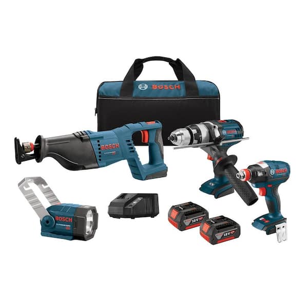 Bosch 18-Volt Lithium-Ion Cordless Drill/Driver, Reciprocating Saw, Impact Driver and Flashlight Power Tool Combo Kit (4-Tool)