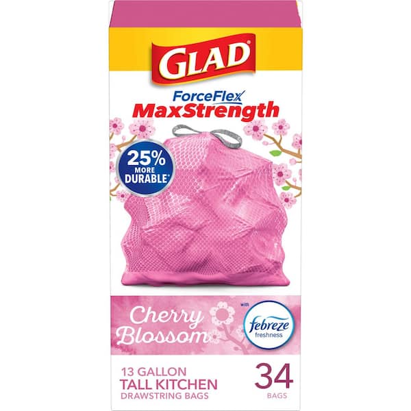 13 Gallon ForceFlex MaxStrength Tall Kitchen Drawstring Cherry Blossom with Febreze Pink Trash Bags (34-Count, 3-Pack)