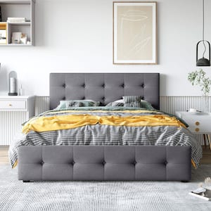 85 in. W Dark Gray Queen Size Upholstered Platform Bed with 4 Drawers, Storage Platform Bed Frame with Tufted Headboard