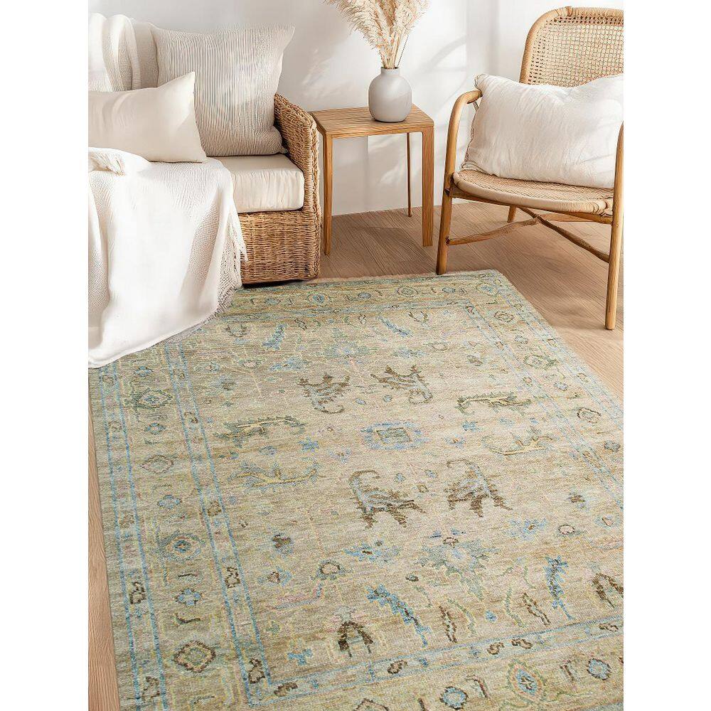 Gray and Blue Hand-Knotted Wool Square Rug