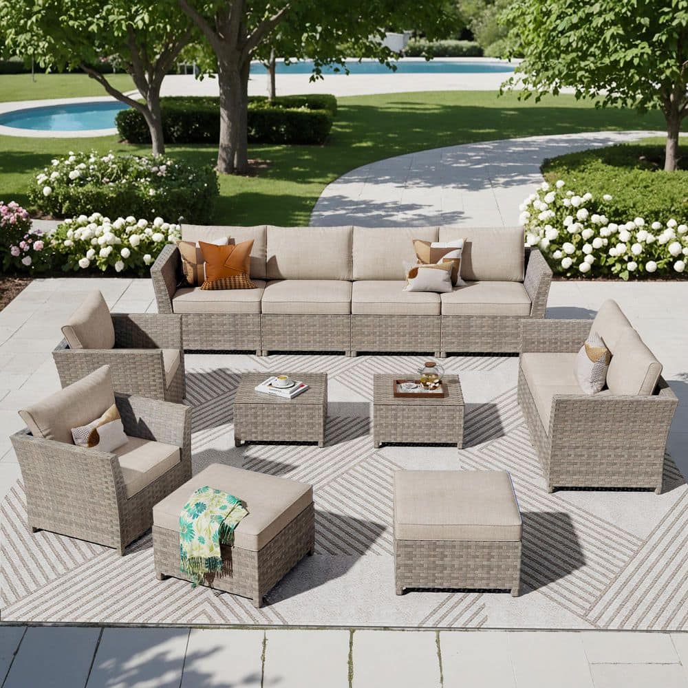 Victorian 12-Pieces Wicker Patio Conversation Seating Sofa Set with Beige Cushions price history on PriceWatchPro