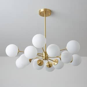 CEDER 12-Light Metal Brass Branch Modern Chandelier with Globle Opal Glass Shades