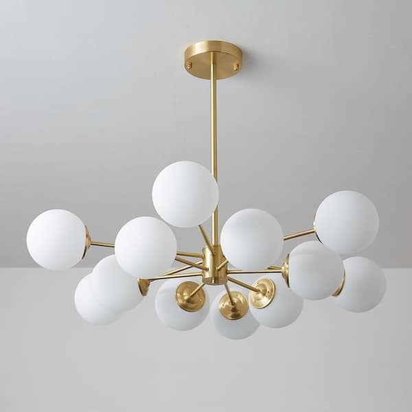 CEDER 12-Light Metal Brass Branch Modern Chandelier with Globle Opal Glass Shades