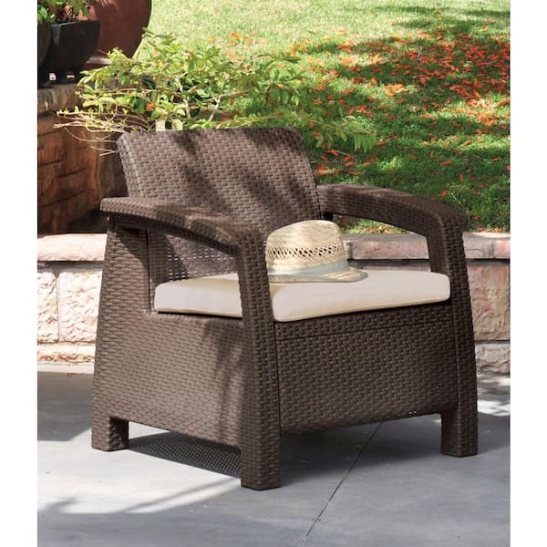 KETER Patio Armchair Brown Plastic Wicker Outdoor Lounge Chair Tan Cushion Seat 