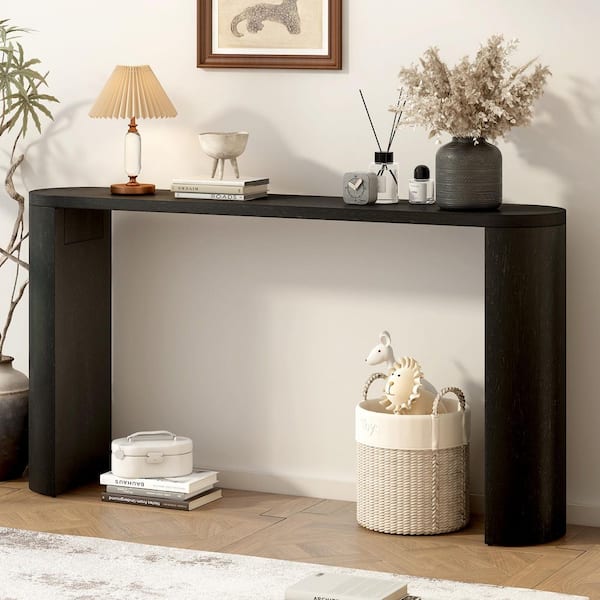 Harper & Bright Designs Geometric Design 59.6 in. Black Oval Rubber Wood Veneer and MDF Console Table with Semi-Cylindrical Legs