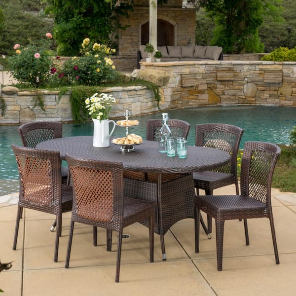 Noble House Barnes 28.50 in. Brown 7-Piece Metal Oval Outdoor Dining Set