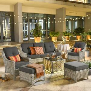 Palffy Gray 6-Piece Wicker Patio Conversation Seating Set with Black Cushions and Coffee Table