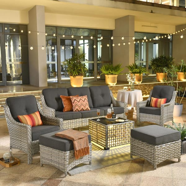 OVIOS Palffy Gray 6-Piece Wicker Patio Conversation Seating Set with Black Cushions and Coffee Table