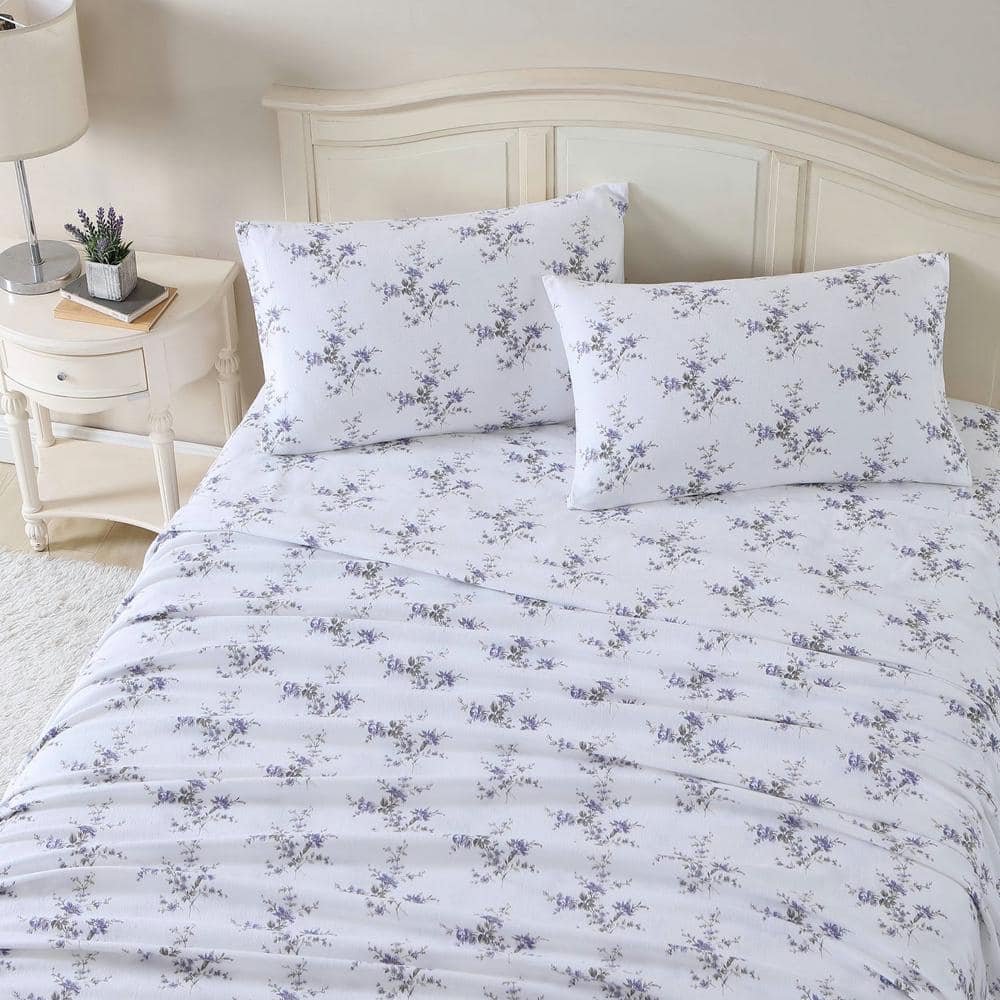 Jessika Purple Floral Cotton Flannel King Sheet Set
