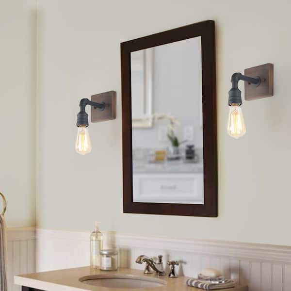 Lnc Black Wall Sconce With Wood Accent Exposed Bulb 1 Light Bronze Modern Farmhouse Mounted A03374 The Home Depot - Modern Bath Wall Sconces