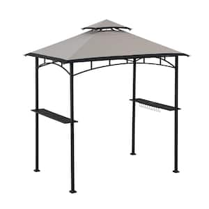 5 ft. x 8 ft. 2-Tier Soft Top Gazebo Black Steel Grill Gazebo with Ceiling Hook and Shelves, Gray and Black Canopy