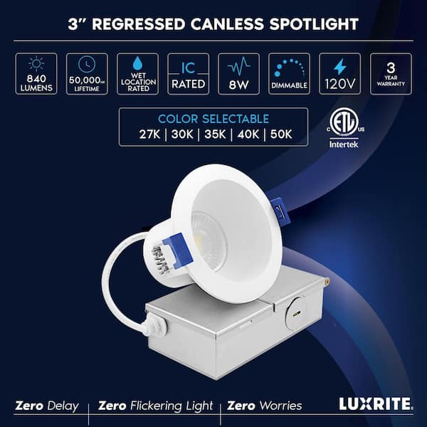 3 in. Integrated LED Recessed Light J-Box 8 Watts 5CCT 840 Lumens Dimmable Canless Downlight Wet Rated IC Rated ETL 12PK