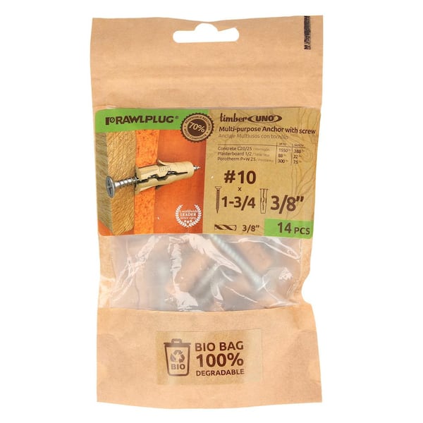 Uno Timber Multi-Purpose Drywall Anchors 3/8 with Screws #10 x 1-3/4 22 lbs. (Bio Pack of 14)