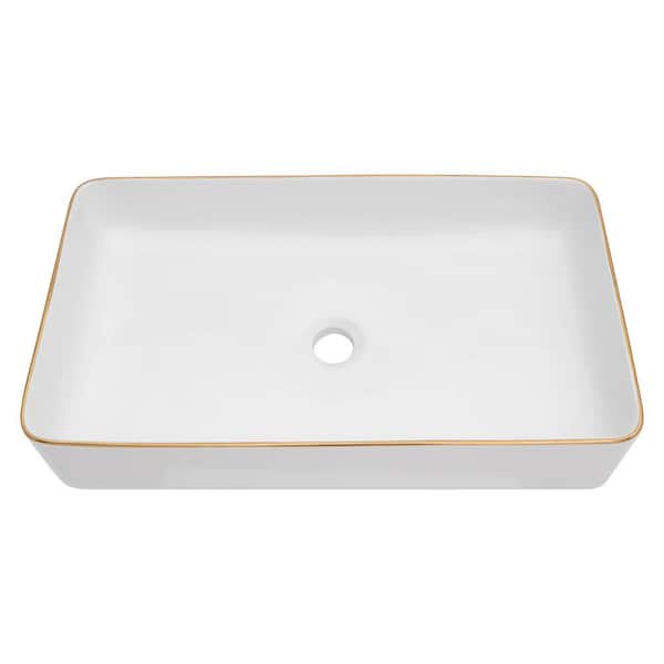 Sarlai 24 in. White Ceramic Rectangular Vessel Sink Bathroom Basin without Faucet, Gold