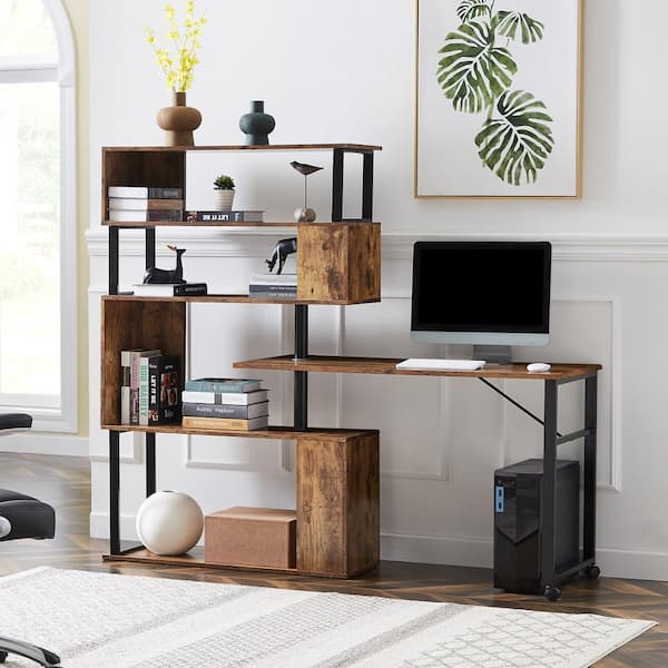 Rotating Desk with 5-Tier Bookshelf, Reversible Computer Desk with Wheels