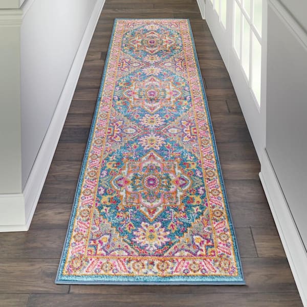 Passion Teal Multi 2 ft. x 10 ft. Center Medallion Traditional Kitchen Runner Area Rug