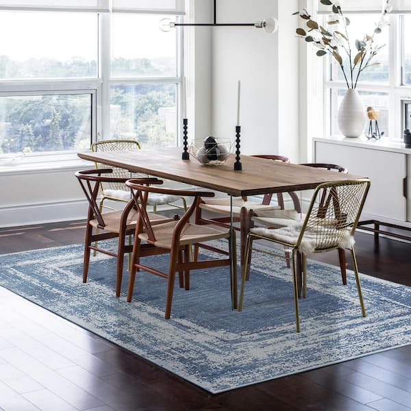 Amaya Bordered Abstract Navy/Grey Washable Rug 6 ft. x 9 ft. Area Rug