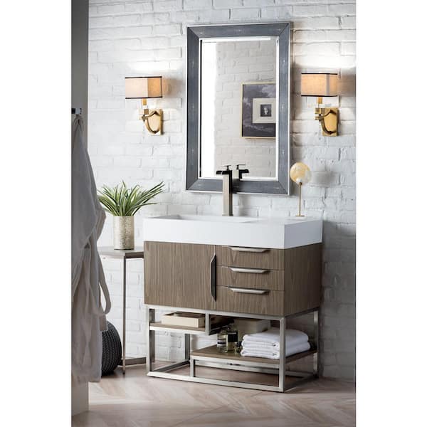 James Martin Vanities Columbia 35.5 in. W x 19 in. D x 36 in. H Single Bath Vanity in Ash Gray with Glossy White Composite Top