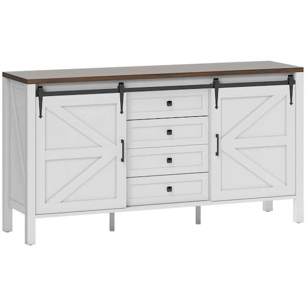 White MDF 59.2 in. Sideboard with Sliding Barn Doors, Drawers and Adjustable Shelves