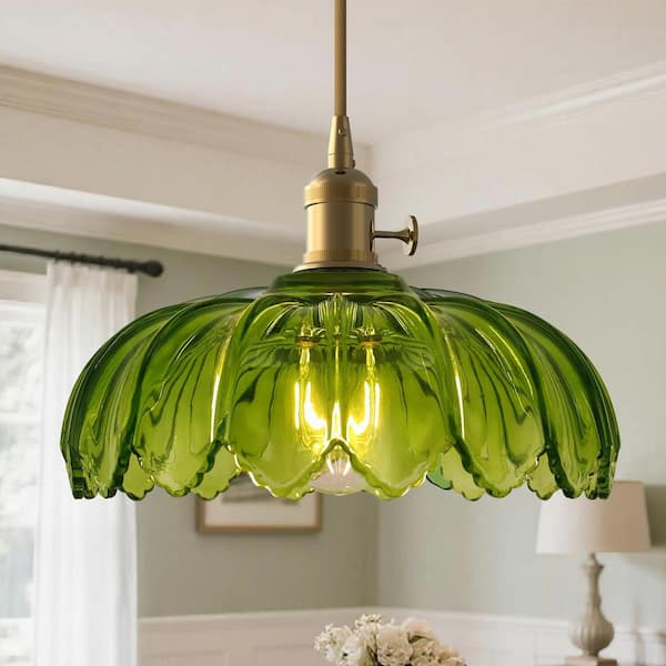 1-Light Brass Vintage Pendant Light with Green Glass Shade, Adjustable Hanging Light for Kitchen Island Dining Room