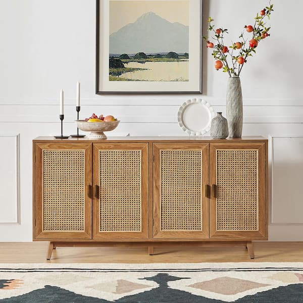 Buthrotos 56.8 in. W Walnut TV Stand for TVs up to 65 in. with Storage Room and 4-Rattan Doors