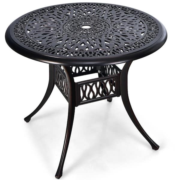 ANGELES HOME Brown Round Metal Outdoor Bistro Table with Umbrella Hole