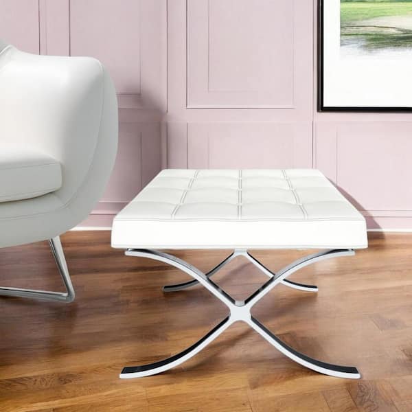 HomeRoots White Leather Square Accent Ottoman