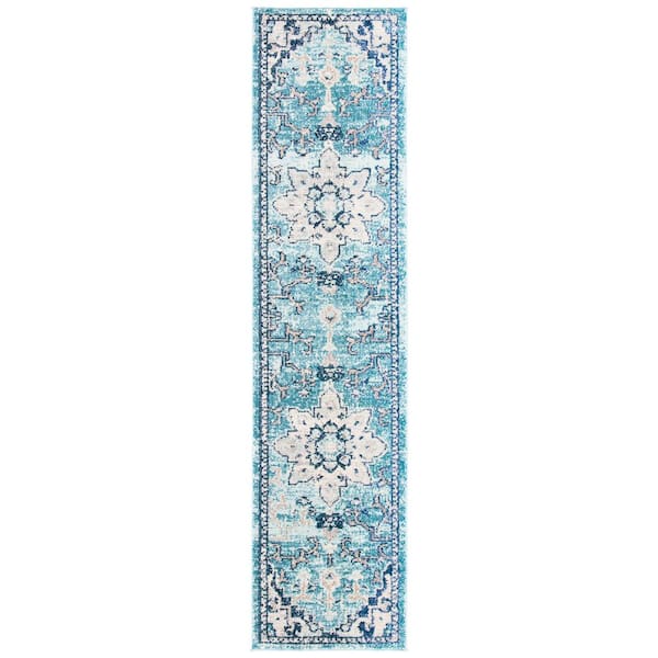 SAFAVIEH Madison Teal/Navy 2 ft. x 14 ft. Border Geometric Floral Medallion Runner Rug