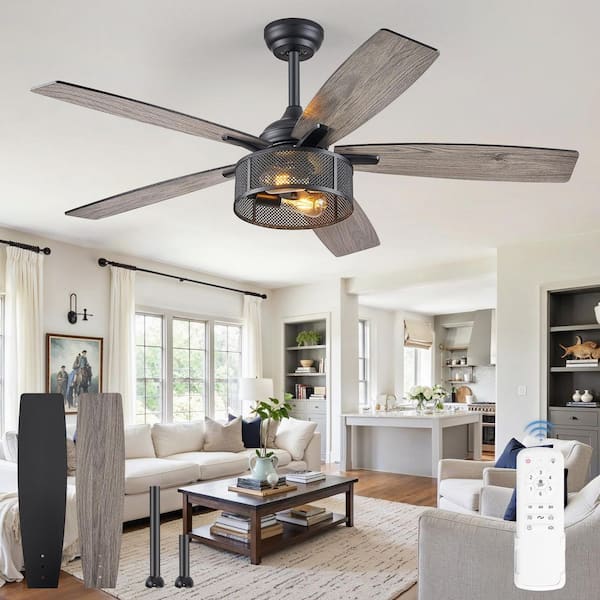 52 in. Indoor/Outdoor Downrod Mounted Black 5-Blades Ceiling Fan with Light Kit and Remote Control Included