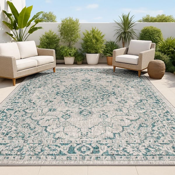 Rozetta Boho Medallion Textured Weave Gray/Teal 4 ft. x 6 ft. Indoor/Outdoor Area Rug