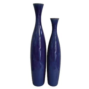Cobalt Blue Glaze Ceramic Tall Decorative Vases (Set of 2)