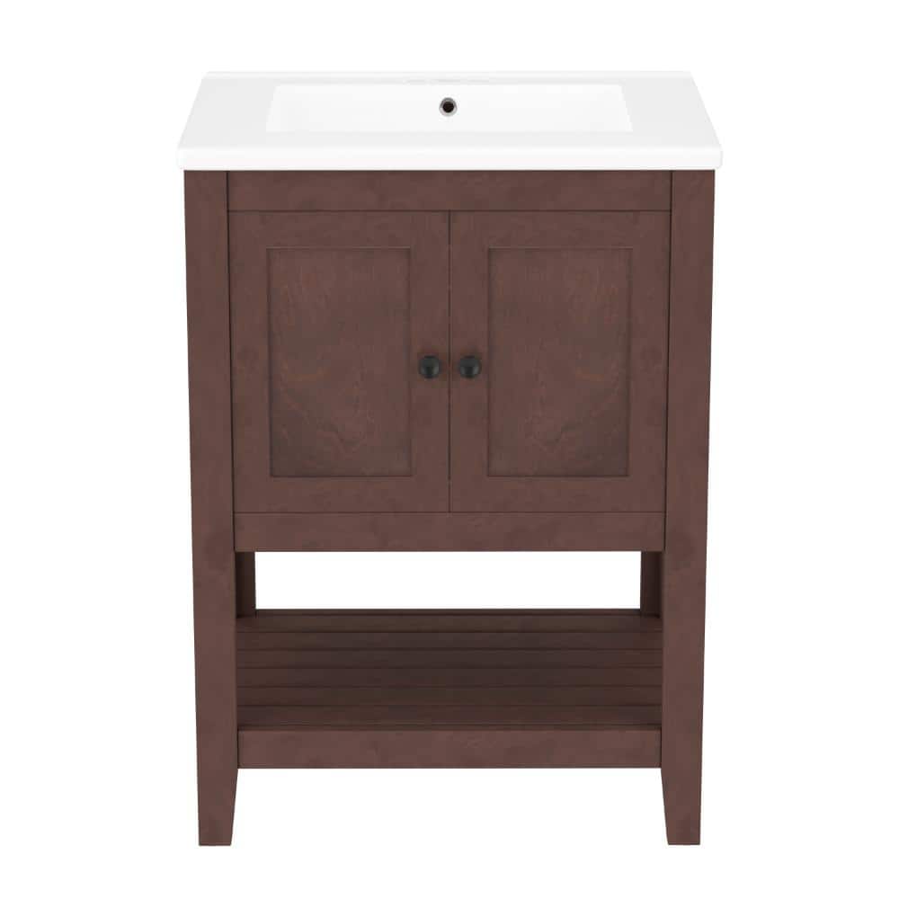24 in. W Brown Freestanding Bath Vanity with White Ceramic Top Sink,Open Shelf, 2 Doors price history on PriceWatchPro