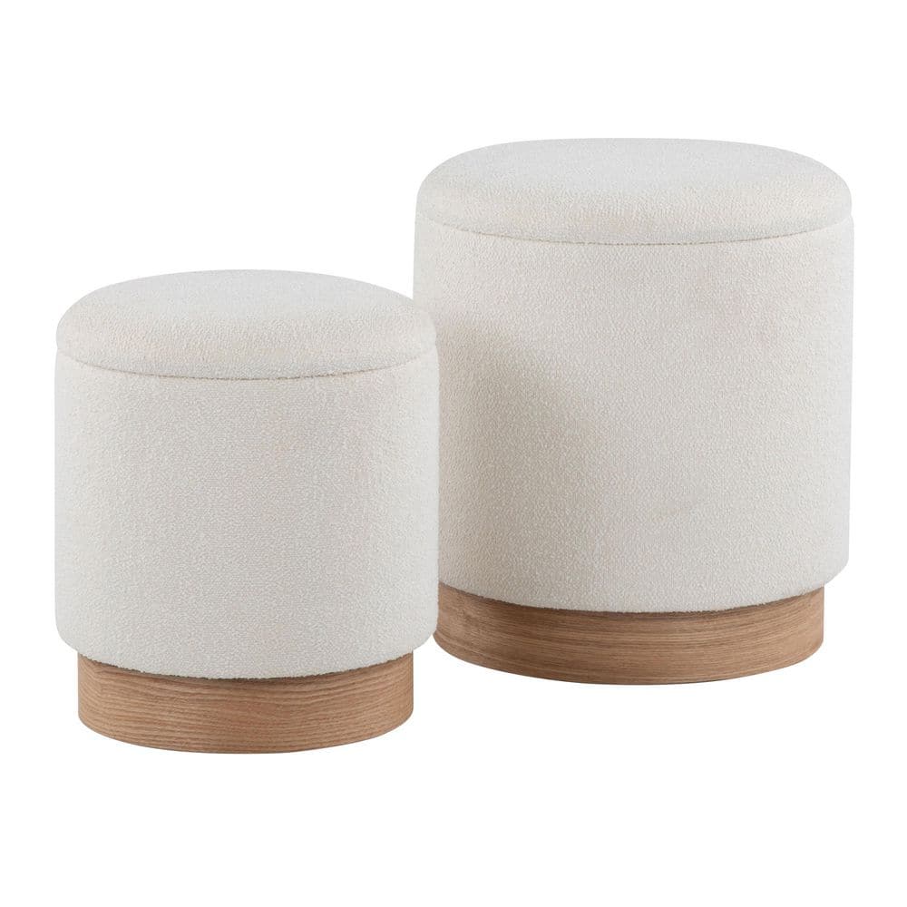 Lumisource Marla Cream Fabric and Natural Wood Terry Cloth Nesting Ottoman Set, Cream Fabric & Natural Wood