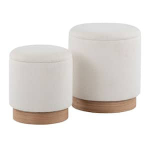 Marla Cream Fabric and Natural Wood Terry Cloth Nesting Ottoman Set