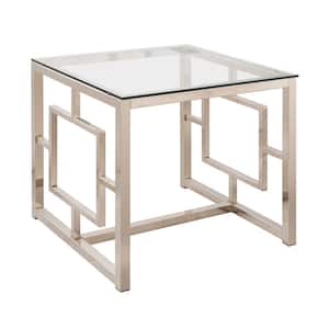 Nickel and Clear Cairns End Table with Glass Top and Geometric Motif