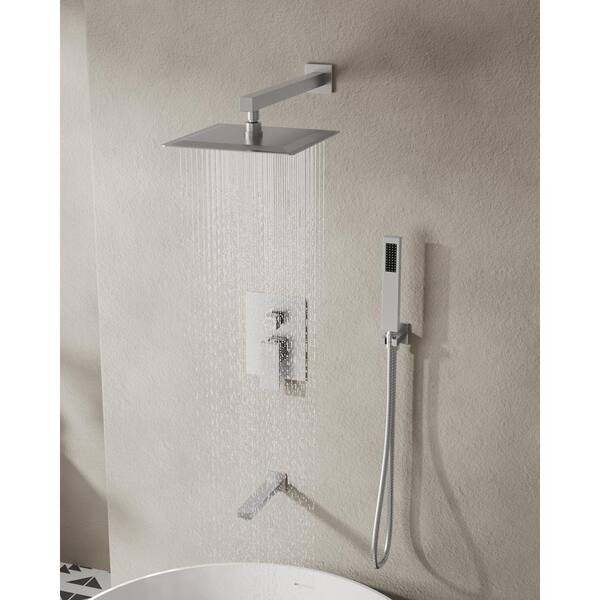 3-Spray Patterns with 10 in. Wall Mount Dual Shower Heads with Hand Shower in Brushed Nickel (Valve Included), 2.5 GPM