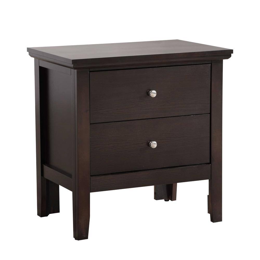 Espresso Solid Wood 2-Drawer Nightstand with Nickel Handles