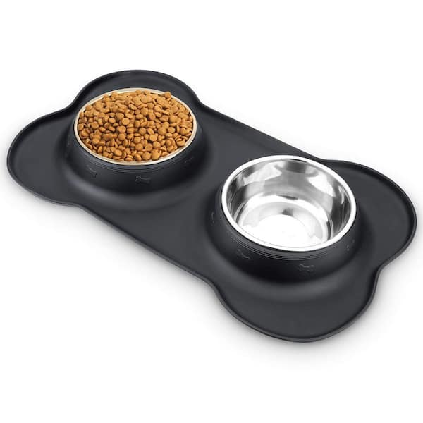 Stainless Steel No-Spill Non-Skid Dog Food Water Bowls with Mat for Small Medium Large Dogs Cats 240oz Black