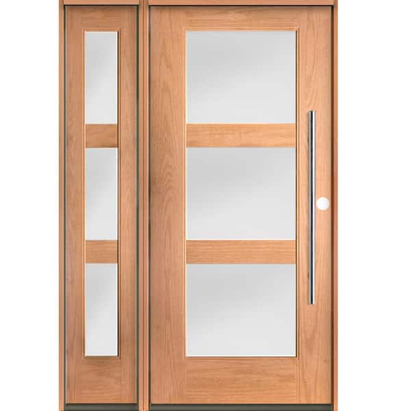 Modern Faux Pivot 50 in. W. x 80 in. 3-Lite Left-Hand/Inswing Satin Glass Teak Stain Fiberglass Prehung Front Door LSL