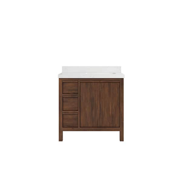 Willow Collections Elizabeth Teak 36 in. W x 22 in. D x 36 in. H Right Offset Sink Bath Vanity in Dark Walnut with 2" Empira Quartz Top